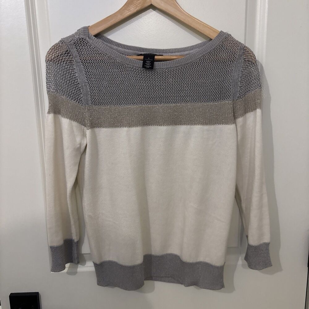 White House Black Market Women's Ivory/Gray Mesh Trim 3/4 Sleeve Knit Top - S